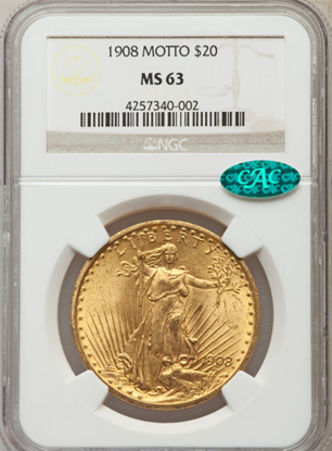 Picture of 1908 No Motto $20 Saint Gaudens PCGS/NGC MS63 CAC