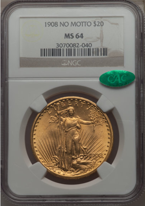 Picture of 1908 No Motto $20 Saint Gaudens PCGS/NGC MS64 CAC