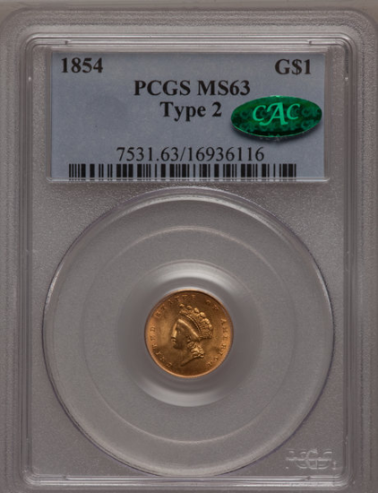 Picture of $1 Indian Head Gold Type 2 (1854-1856) PCGS/NGC MS63 CAC (Random Year)