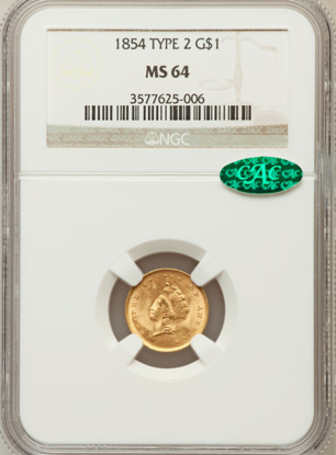 Picture of $1 Indian Head Gold Type 2 (1854-1856) PCGS/NGC MS64 CAC (Random Year)