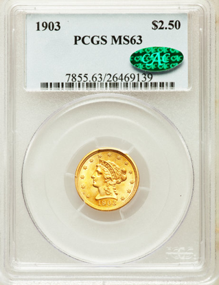 Picture of $2.50 Liberty Gold (1840-1907) PCGS/NGC MS63 CAC (Random Year)