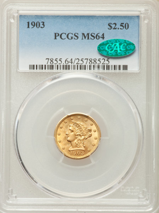 Picture of $2.50 Liberty Gold (1840-1907) PCGS/NGC MS64 CAC (Random Year)