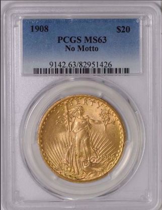 Picture of 1908 No Motto $20 Saint Gaudens PCGS/NGC MS63