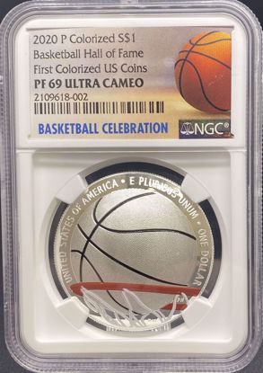 Picture of 2020 S$1 Colorized Basketball Hall of Fame PF69UCAM NGC First Official Colorized US Coin