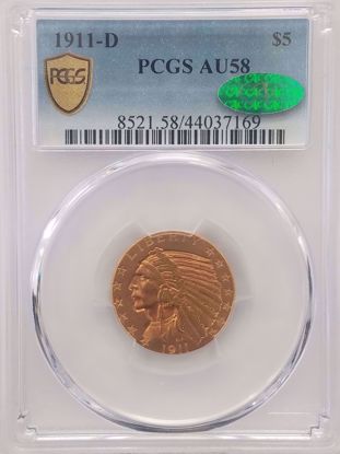 Picture of 1911-D $5 Indian AU58 PCGS CAC