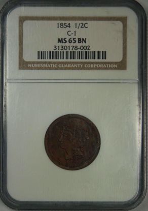 Picture of 1854 Braided Hair Half Cent MS65BN NGC