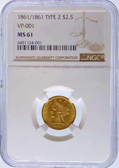 Picture of 1861/61 T2 $2.5 Liberty MS61 NGC