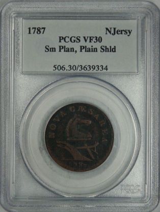 Picture of 1787 New Jersey Colonial Small Planchet Plain Shield VF30 PCGS