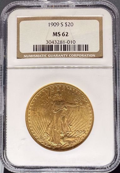 Picture of 1909-S $20 St Gaudens MS62 NGC