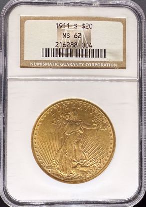 Picture of 1911-S $20 St Gaudens MS62 NGC