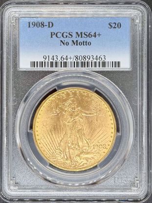 Picture of 1908-D No Motto $20 St Gaudens MS64+ PCGS